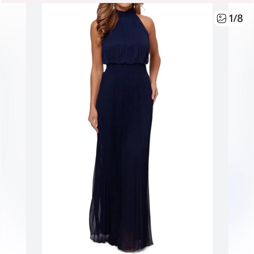 Xscape size 12 formal dress navy pleated high Mock neck chiffon. NEW WITH TAGS